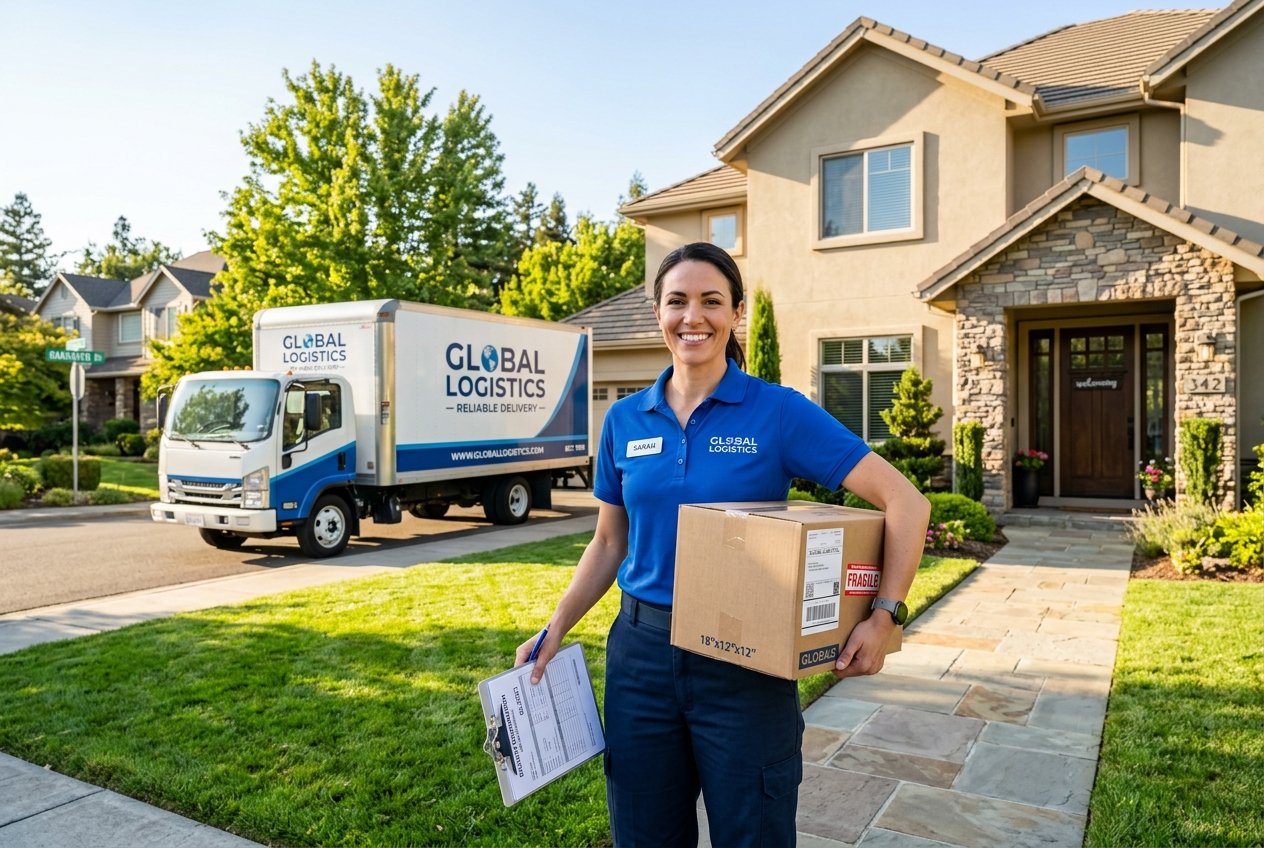 Friendly team of movers standing next to transport truck